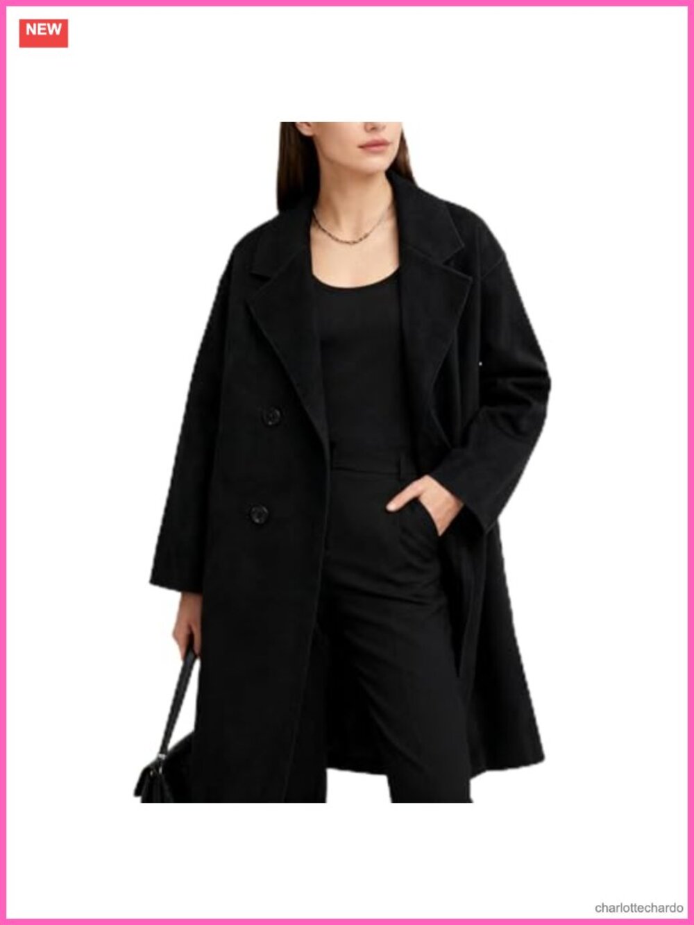 Womens Long Wool Pea Coat Double Breasted Notched Lapel Winter Trench Coat